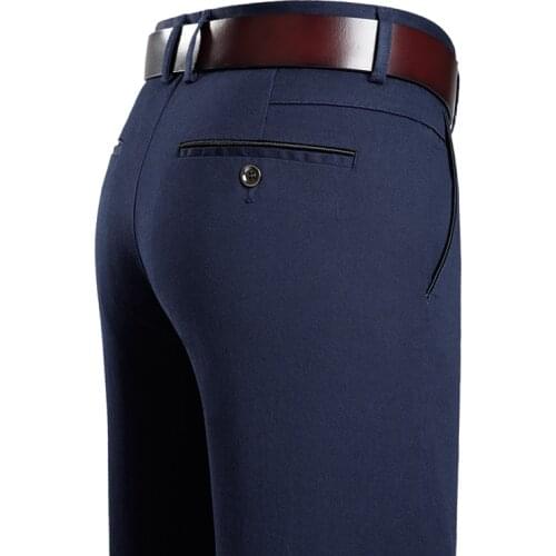 Four Seasons New MenS Cotton Suit Pants Middle-Aged Business High Waist Loose Straight Stretch Trousers Male Brand Slim Clothes