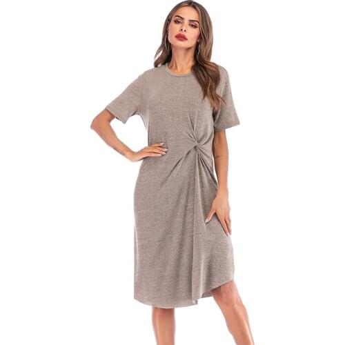 Pullover Dress Summer Urban Short Sleeve Long Basic Khaki Sundress Kink Vintage Solid Rowan Irregular Crew Neck Womens Clothing