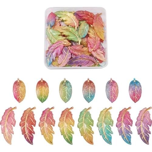 56pcs/box Leaf Shape Rainbow Color Resin PendantsGolden Metal Enlaced Acrylic Big Pendant Mixed Color for Jewelry Making