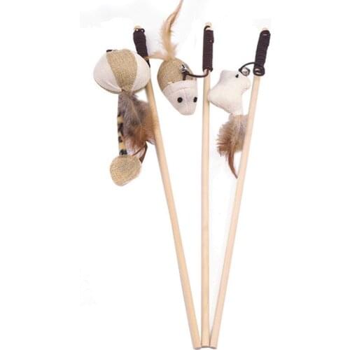 2020 Popular Pet Cat Teaser Toys Feather Linen Wand for Cat Stick Cat Interactive Toys Wood Rod Mouse Toy With Bell