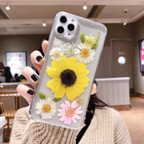 Real Dried Flowers Glitter Clear Phone Case for IPhone 8 7 Plus 12 11 Pro Max 6s X XS XR Epoxy Daisy Transparent Soft TPU Cover
