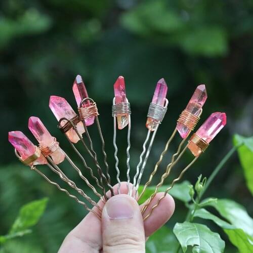 Rose Gold Silvery Bronze Copper Wire Wrapped Natural Pink Color Quartz Crystal Point Beads Hair Forks Women Hair Pins Jewelry