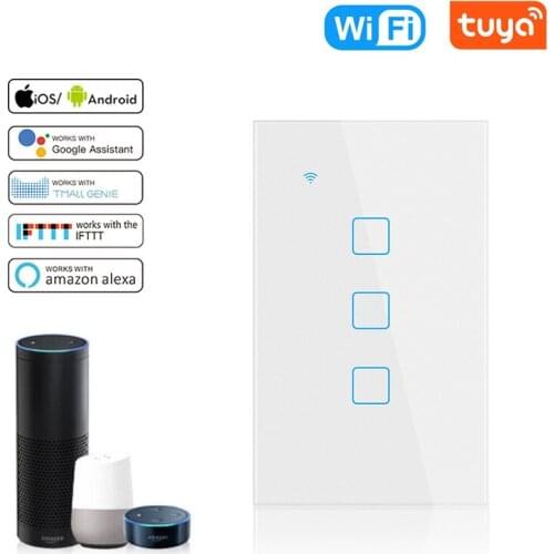 US Tuya WiFi Glass Panel Smart Touch Switch Neutral Line Voice Control Light Wireless Wall Switch Work With Alexa Google Home