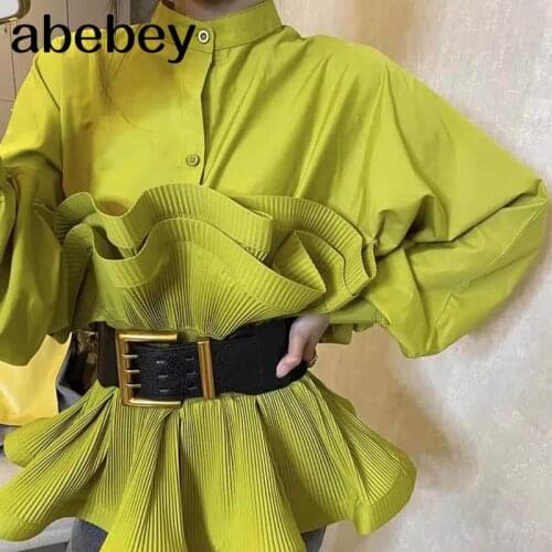 Korean Blouse Female Fashion Clothing 2021 spring Tide White Patchwork Ruffle Shirt Women Stand Collar Long Sleeve