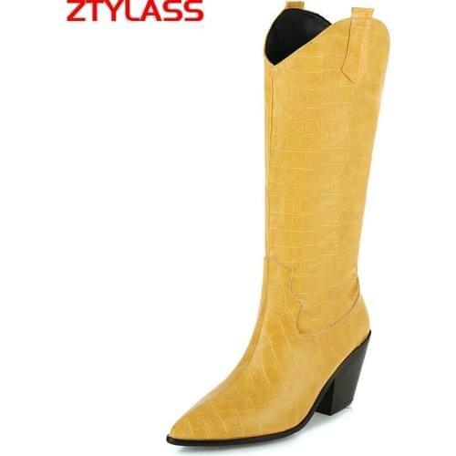 Spring Autumn Women Western Boots Fashion Wedges High Heel Knee High Boots Ladies Pointed Toe Winter Shoes Woman Yellow