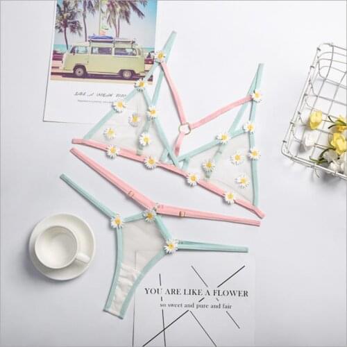 Women Sexy Lingerie Set Daisy Mesh Sheer Perspective Sling Bra + Strappy Panty Thong Ladies Exotic Underwear Set Nightwear