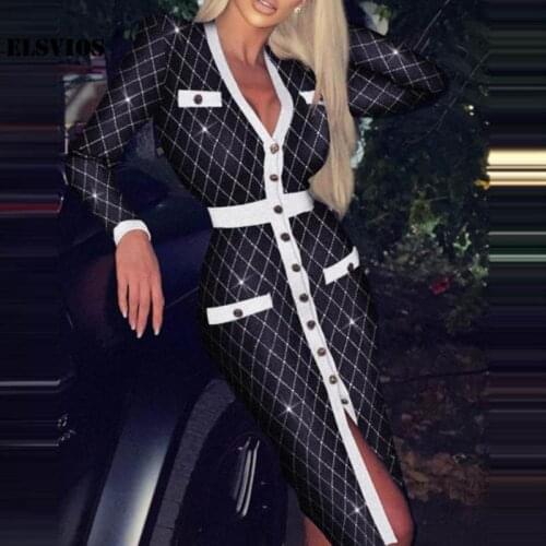 Ladies Sexy V Neck Houndstooth Print Dress Fashion Fall Winter Buttons Cardigan Slim Bodycon Dresses Elegant Office Lady Dresses