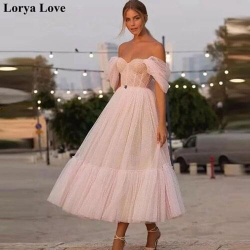 Pink Tulle Short Prom Dresses 2021 Women Formal Party Night Tea-Length Vestidos Gala Robes Off Shoulder Elegant Evening Gowns