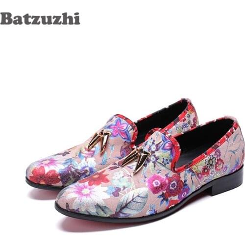 Batzuzhi Italian Type Shoes Men Flowers Print Leather Loafers Metal Tassels Party/Runway Men Shoes zapatos de hombre, Big Sizes