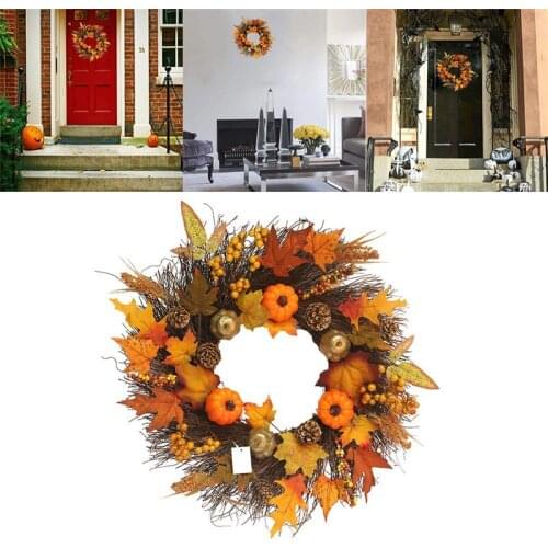 40/45/60cm Halloween Decoration Autumn Door Pumpkin Wreath Autumn Color Maple Leaf Wreath Maple Leaf Shaped Artificial Wreath