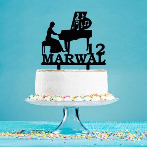 Custom Name Age Woman Playing Piano Silhouette Cake Topper For Womans Birthday Party Cake Decoration Topper YC136