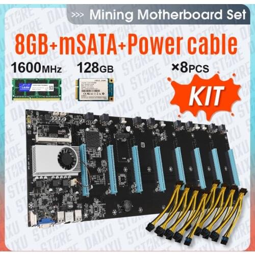 Mining Motherboard Set Combo 8 GPU Miner Bitcoin Crypto Ethereum BTC With 8GB RAM,128GB mSATA SSD Power Cable Mining Expert