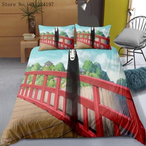 Hayao Miyazaki Anime Print Bedding Set Spirited Away Duvet Cover No Face Man Quilt Cover Children Teens Bedclothes Home Textiles