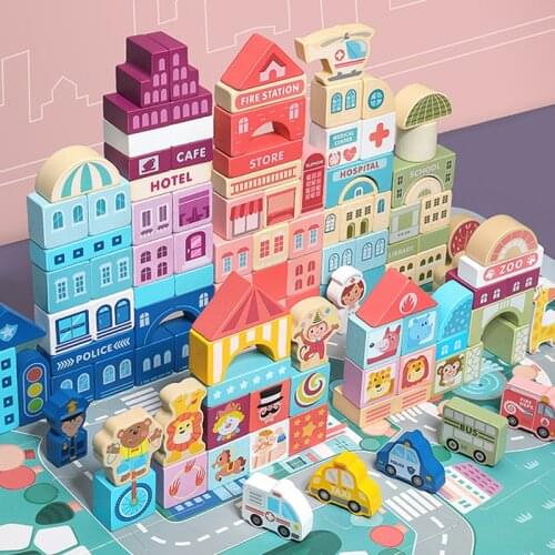 100 Pcs Colour Wooden Toys City Traffic Scenes Geometric Shape Assembled Building Blocks Early Educational Toys For Kids