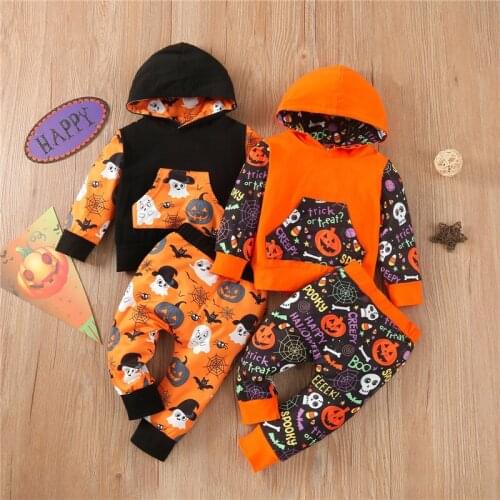 0-24 Months Unisex Baby Halloween Outfits Pumpkin Print Hooded Sweatshirt And Long Pants Baby Boys Girls Spring And Autumn Set