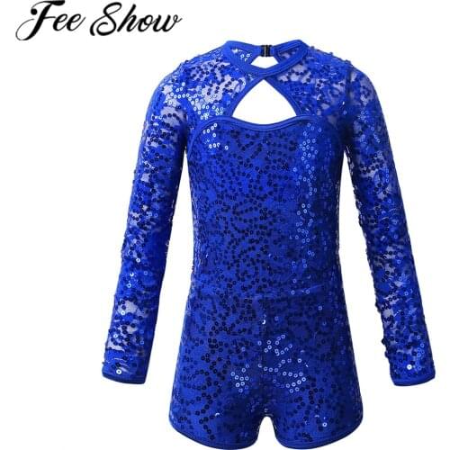 FEESHOW Leotard Jumpsuit Biketard Dancewear Kids Girls Long Sleeves Shiny Sequins Keyhole Back Ballet Dance Gymnastics Bodysuit