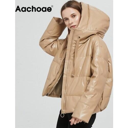 Aachoae Women Thick Warm PU Faux Leather Padded Coat 2020 Winter Zipper Hooded Jacket Parka Long Sleeve Pockets Outerwear Tops