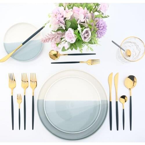 JANKNG 24 Green Handle Gold Cutlery Set Stainless Steel Flatware Knife Fork Spoon Cutlery Set Kitchen Tableware Dinnerware Set
