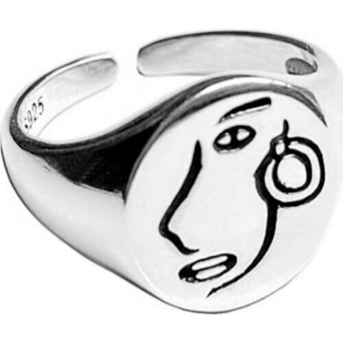 Creative Unique Design Abstract Human Face Unusual Ring Punk Womens Open Silver Color Ring Nightclub Bar Jewelry Accessories