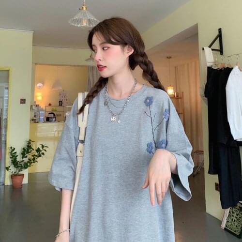 Summer New Korean Style Loose Student Sense Embroidery Short-Sleeved T-Shirt WomenS Top
