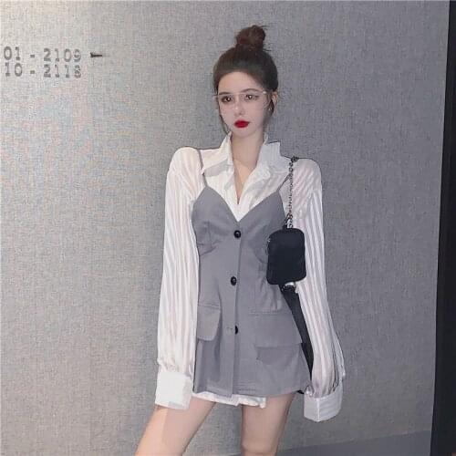 Slimming two-piece sling dress striped port wind shirt womens summer casual fashion Hepburn wind suit