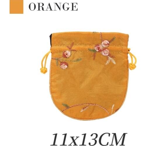 Orange Brocade Drawstring Travel Pouch Classic Chinese Flower Embroidery For Femal Ring Earring Pendent Storage Packaging Bags
