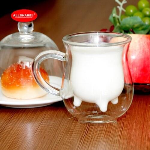 250ml/8.54oz Personality Creative Milk Double Glass Cup with Handle Transparent Juice Cup Espresso Cup Girl Child Cute Milk Jug