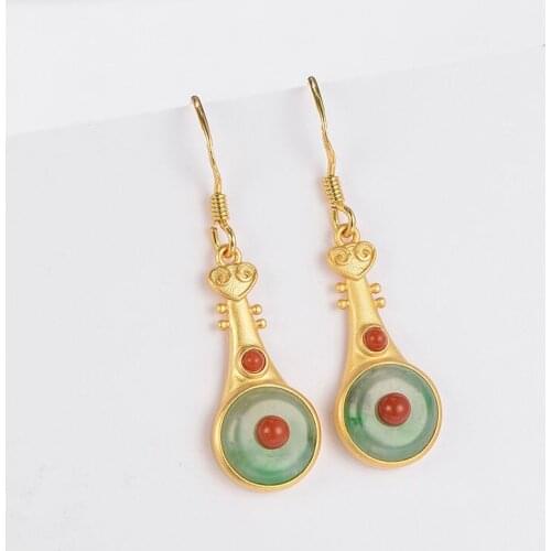 Original new natural Hetian Yunan red tourmaline pipa earrings niche design retro exquisite elegance charm ladies silver jewelry