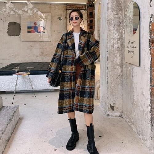 Autumn Winter 2020 Female Contrast ColorPlaid Woolen Coat Loose Casual All-Match Thickened Warm Women Long Woollen Overcoat A80
