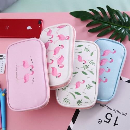 Cartoon Flamingo Pencil Case PU Large Capacity Zipper Pencil Box Storage Bag Pen Bag Makeup Case Organizer for Cosmetics