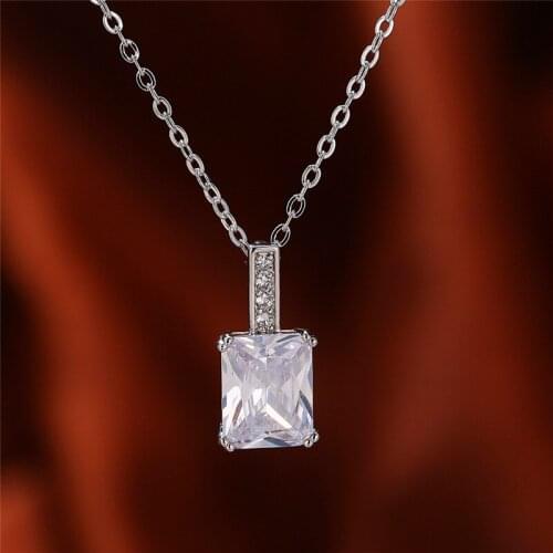 Luxury Female White Crystal Pendant Necklace Rose Gold Silver Color Necklace Classic Bridal Square Wedding Necklaces For Women