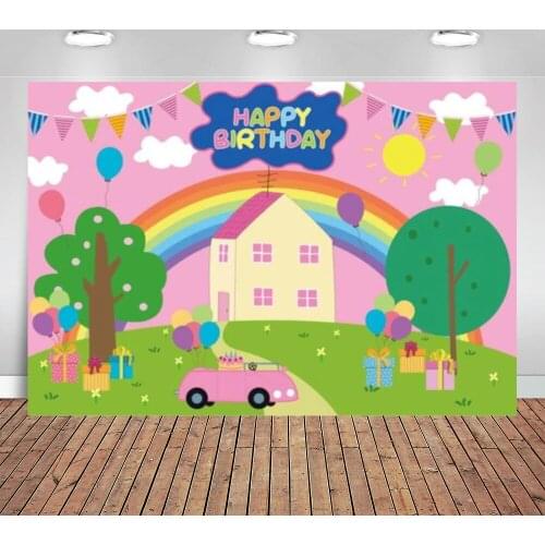 Pink Cartoon Pig Girl Birthday Party Photography Background House Balloon Trees Gifts Baby Shower Backdrop Decor Banner