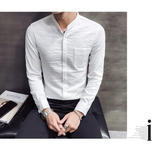 Summer Men Casual Long Sleeve Button Front Shirt Stand Collar Blouses Black White C20