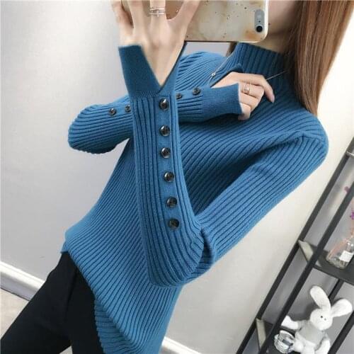 The New Pullover Rib Knit Sweater Autumn And Winter Womens Half High Neck Button Slit Long Sleeves Slim Basic Womens Sweater