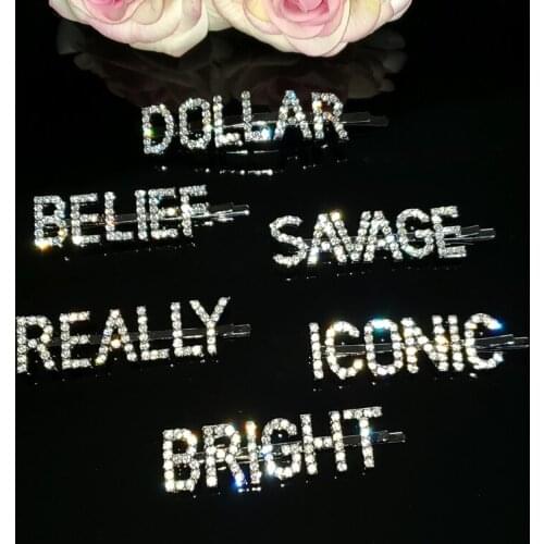 Bling Crystal Word Hair Accessory "DOLLAR,BELIEF,SAVAGE,REALLY,ICONIC,BRIGHT" Hottest Hair Pins Hairgrips Hair Jewelry WHOLESALE