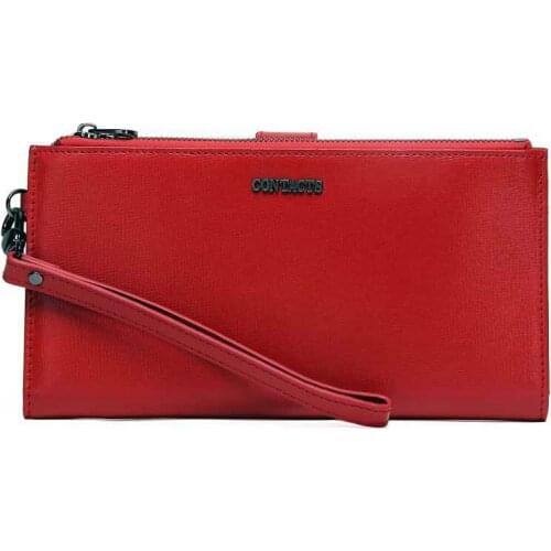 Womens Leather Clutch Bag Multi-function Double Zipper Long Wallet with Wrist Strap Buckle Wallet