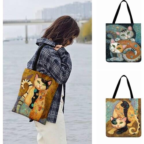 Outdoor Beach Bag Golden Cat Art Oil Painting Printed Tote Bag For Women Casual Totes Ladies Shoulder Bag Fashion Shopping Bag