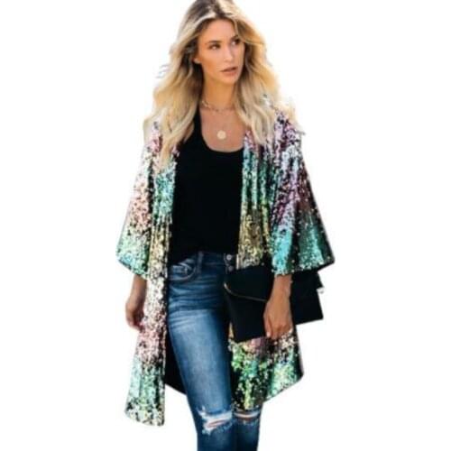 Womens Casual Sequined Jacket Coat Beaded Trench Coat Flare Sleeve Stitching Cape Casual Crop Tops 2020 Windbreaker Outwear