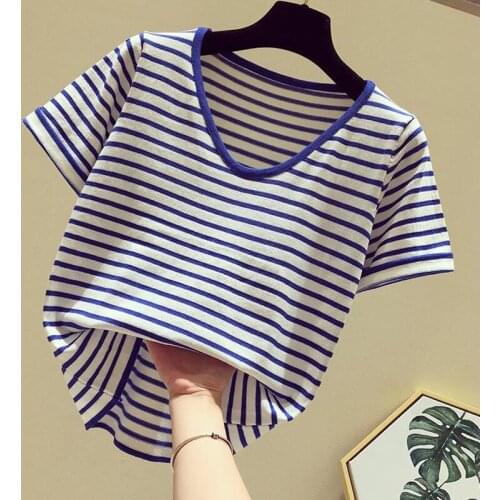 2021 Fashion V collar stripe sweater bottoming shirt womens Loose thin pullover summer Ice silk Short sleeve