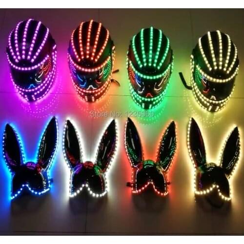 FREE Colorful Led luminescence remote control Rechargeable RGB Luminescent helmet Performing props Rabbit mask Bar Nightclub KTV