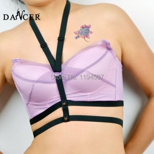 Black Elastic Harness Crop Top Gothic Hipster 90s Black Harness Bra Bondage cage
