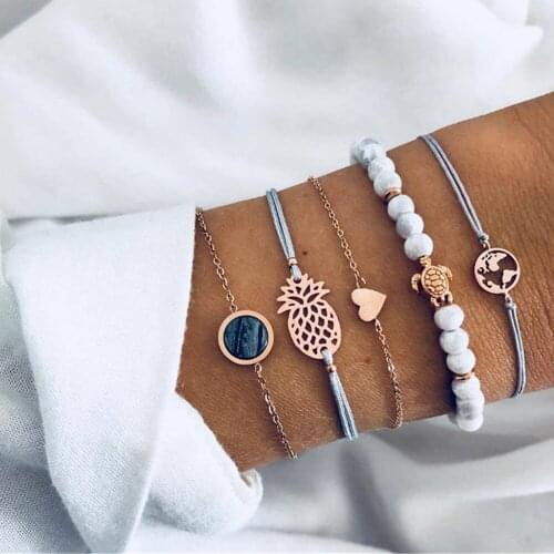 HOCOLE Bohemian Marble Stone Bracelet Sets For Women Bead Heart Charm Chain Bracelets Bangles Fashion Wedding Party Jewelry Gift