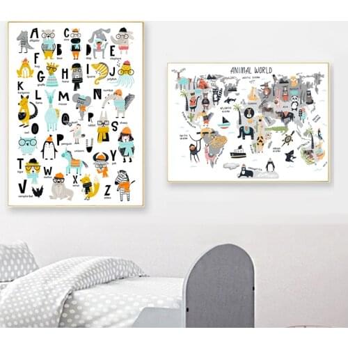 Animal World Map Cute Cartoon Poster Nursery Wall Art Canvas Painting Kids Alphabet Scandinavian Style Kindergarten Decoration