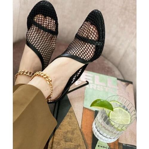 Chain Ankle Strap Leather Pumps Women Black Mesh Caged Pumps High Heels Sexy Shoes for Women Heels 8cm Dress Shoes Summer