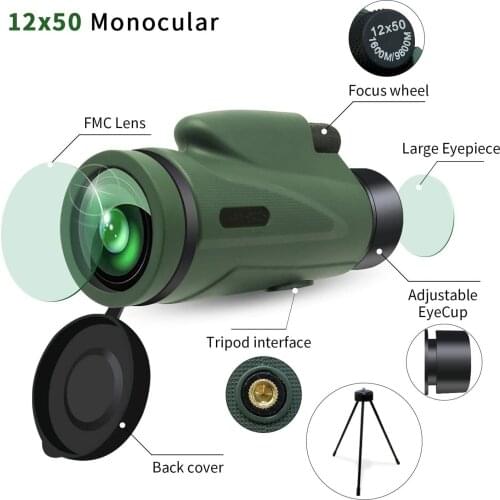 12X50 HD Monocular Telescope with Tripod Phone Holder for Outdoor Hiking Camping Can Connect The Phone Photography Waterproof