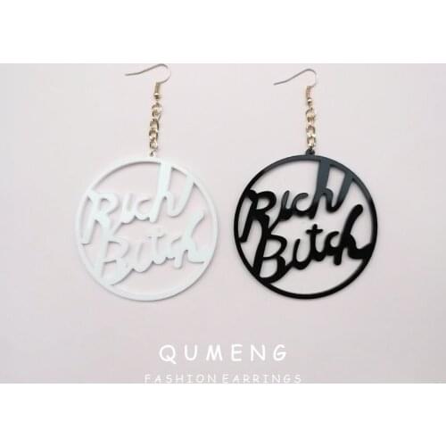 QUMENG New hyperbole Trendy Acrylic black and white RICH BITCH Letter Big Earrings For Women rock Hip-Hop Sexy Drop Earrings