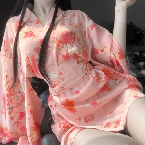 Japanese Kimono Sexy Cosplay Outfit for Women Traditional Style Robe Yukata Costumes Pajamas Soft Silk Belt Set Pink Set