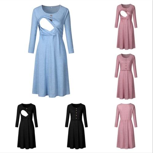 Maternity Womens Nursing Dress Button Decorated Mama Breast Feeding Dresses For Pregnancy Clothes Round Neck Long Sleeve