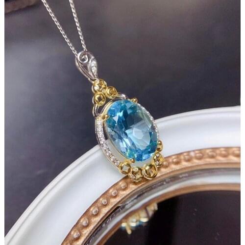 QTT 925 Sterling Silver Oval Sea Blue Topaz Pendants Necklaces Bride Wedding Engagement Party Fine Jewelry Silver Necklace