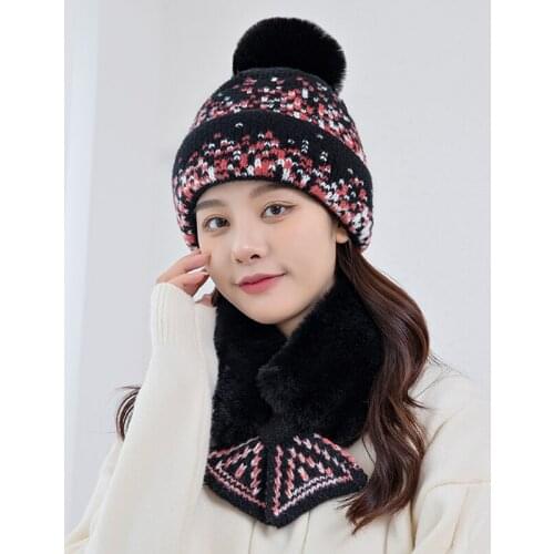 New Winter Knitted Hat For Women Fashion Velvet Thick Warm Skullies Beanie Hats Female Outdoor Riding Scarf Sets Wool Caps